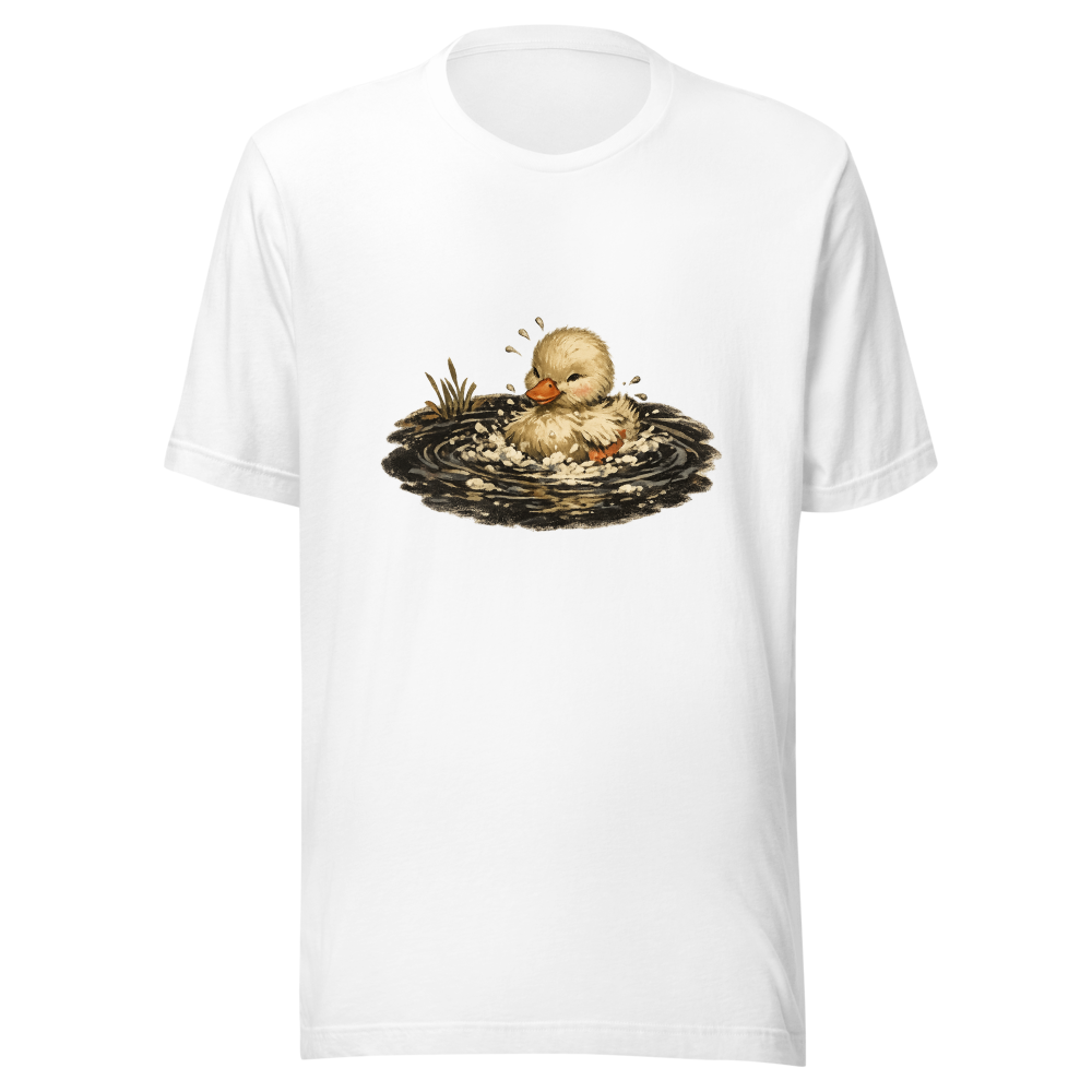 Little duck bathing in black pond